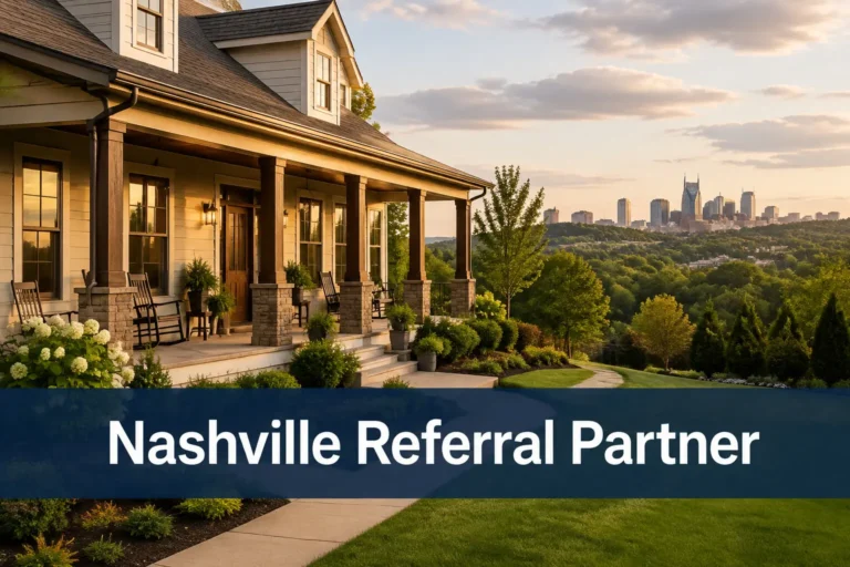 Illustration: Middle Tennessee porch home overlooking the Nashville skyline with a Nashville Referral Partner banner.