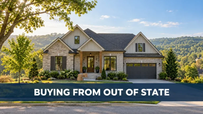 Illustration: Contemporary Middle Tennessee home against wooded hills with moving boxes and the words “Buying From Out of State.”