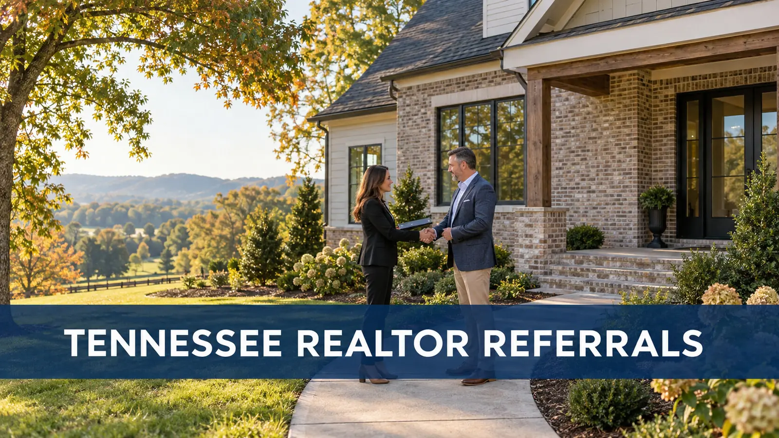Illustration: Two real estate professionals completing a referral handoff outside a brick-and-siding home in Middle Tennessee.