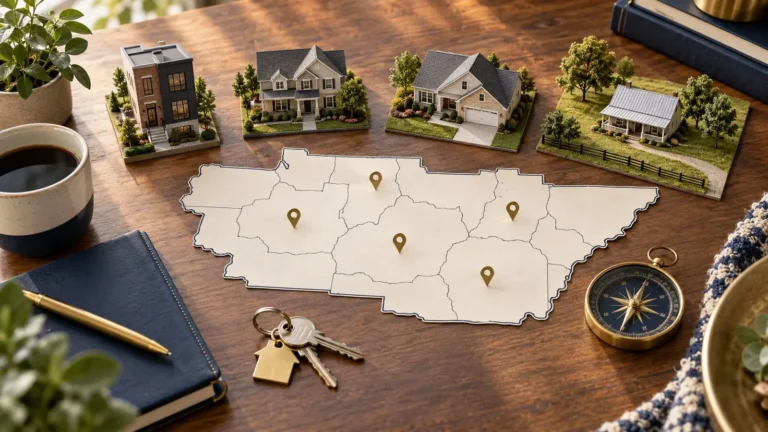 Illustration of a stylized regional map surrounded by model homes, keys and a compass.