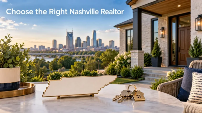 Illustration: Modern Middle Tennessee home overlooking Nashville with the words “Choose the Right Nashville Realtor.”