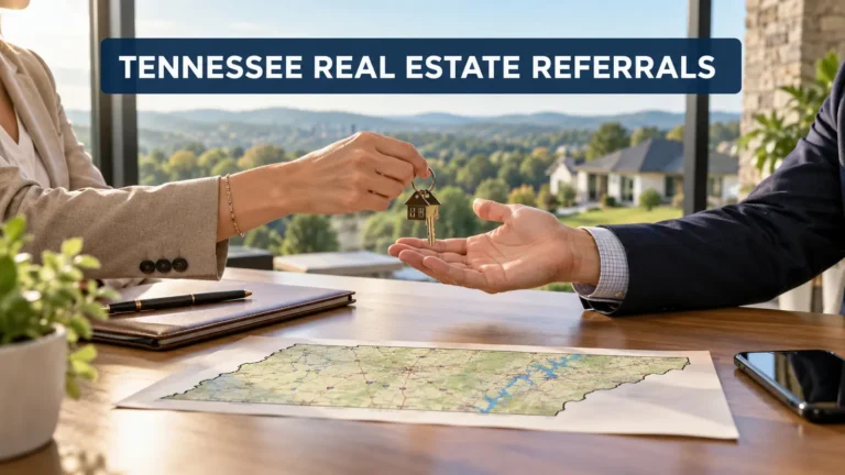 Illustration: A professional real estate referral handoff with house keys, a Tennessee map, and Middle Tennessee hills in the background.