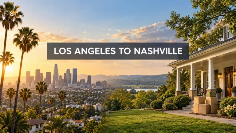 Illustration: Los Angeles skyline transitioning into a Middle Tennessee home with a front porch and moving boxes.