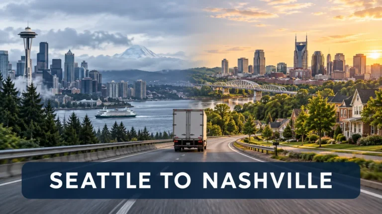Illustration: Seattle and Nashville skylines connected by a moving truck traveling toward Middle Tennessee.