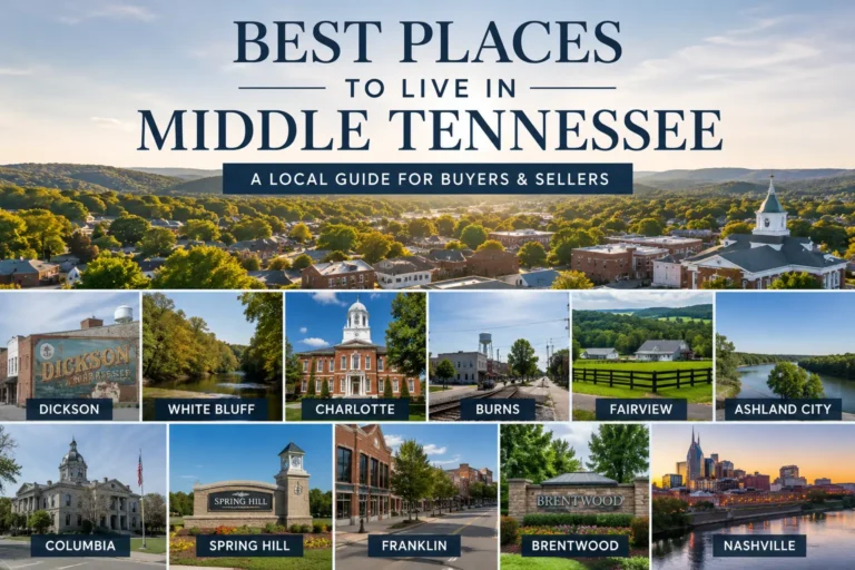 Best Places to Live in Middle Tennessee guide cover with a collage of towns, countryside and the Nashville skyline.
