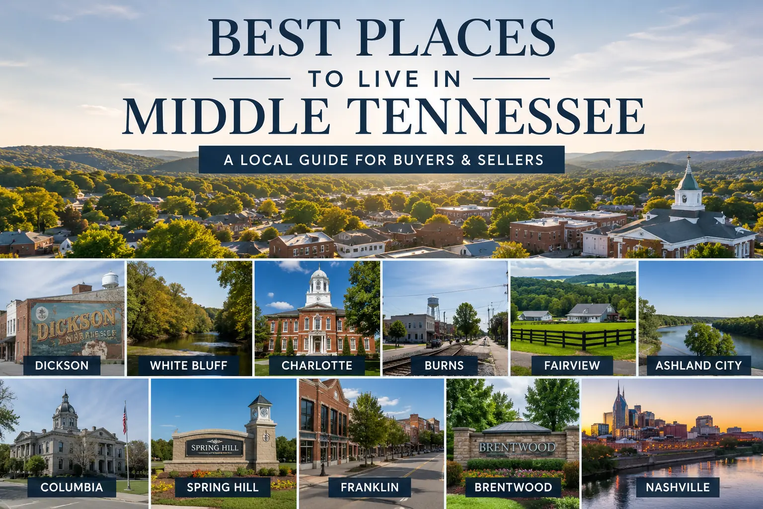Best Places to Live in Middle Tennessee guide cover with a collage of towns, countryside and the Nashville skyline.