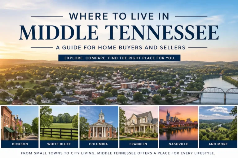 Where to Live in Middle Tennessee guide cover with town, home, countryside and skyline scenes.