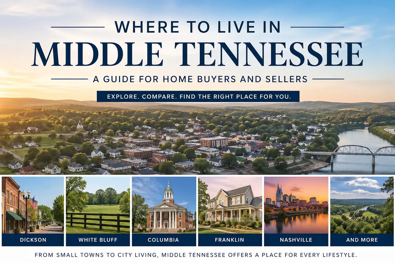 Where to Live in Middle Tennessee guide cover with town, home, countryside and skyline scenes.