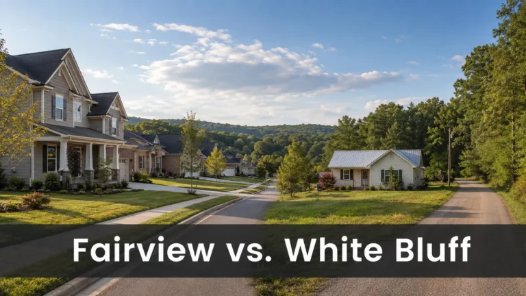 Fairview vs. White Bluff comparison graphic showing a suburban street beside a rural home and road.