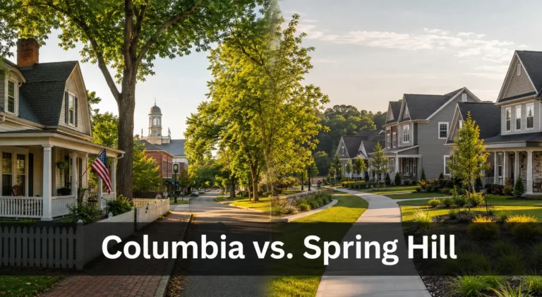 Illustrative comparison of a tree-lined older streetscape and newer suburban homes, labeled Columbia vs. Spring Hill.