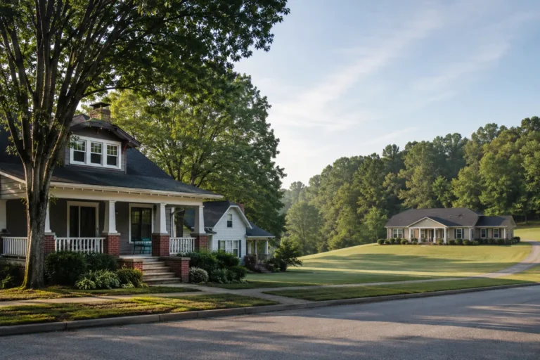 Illustrative comparison of a porch-front house beneath mature trees and a single-story home on a broad lawn.