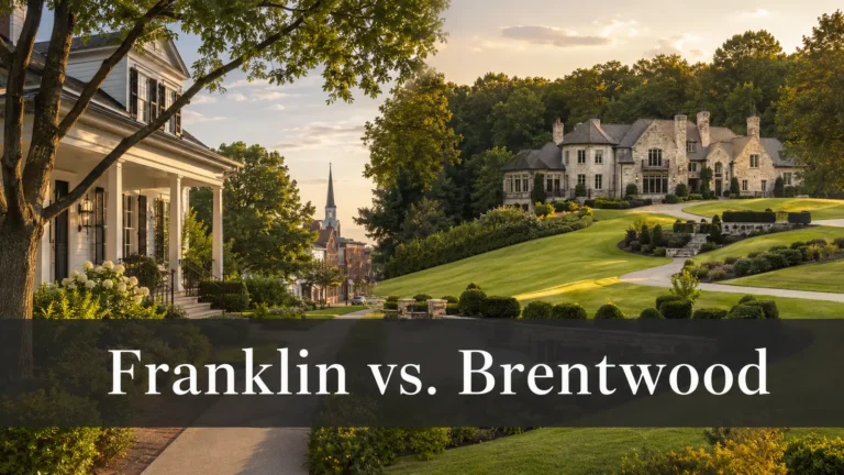 Illustrative comparison of a porch-front streetscape and a stone estate with landscaped grounds, labeled Franklin vs. Brentwood.