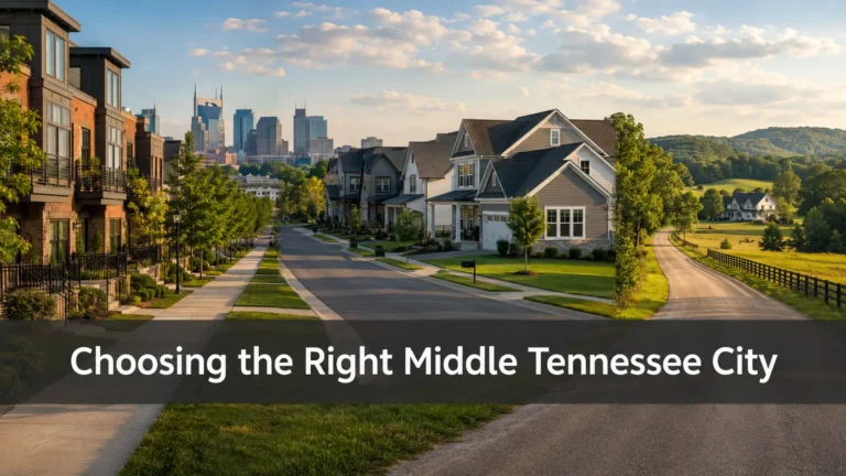 Illustrative montage of city homes, a suburban street and a rural lane, titled Choosing the Right Middle Tennessee City.