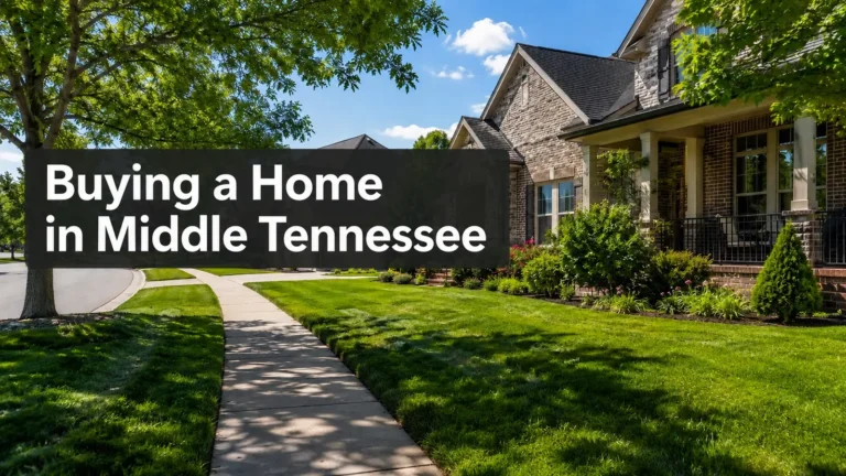 Tree-lined neighborhood with brick and stone homes, titled Buying a Home in Middle Tennessee.