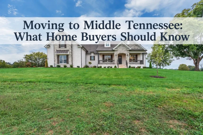 White and stone home on a broad lawn, titled Moving to Middle Tennessee: What Home Buyers Should Know.