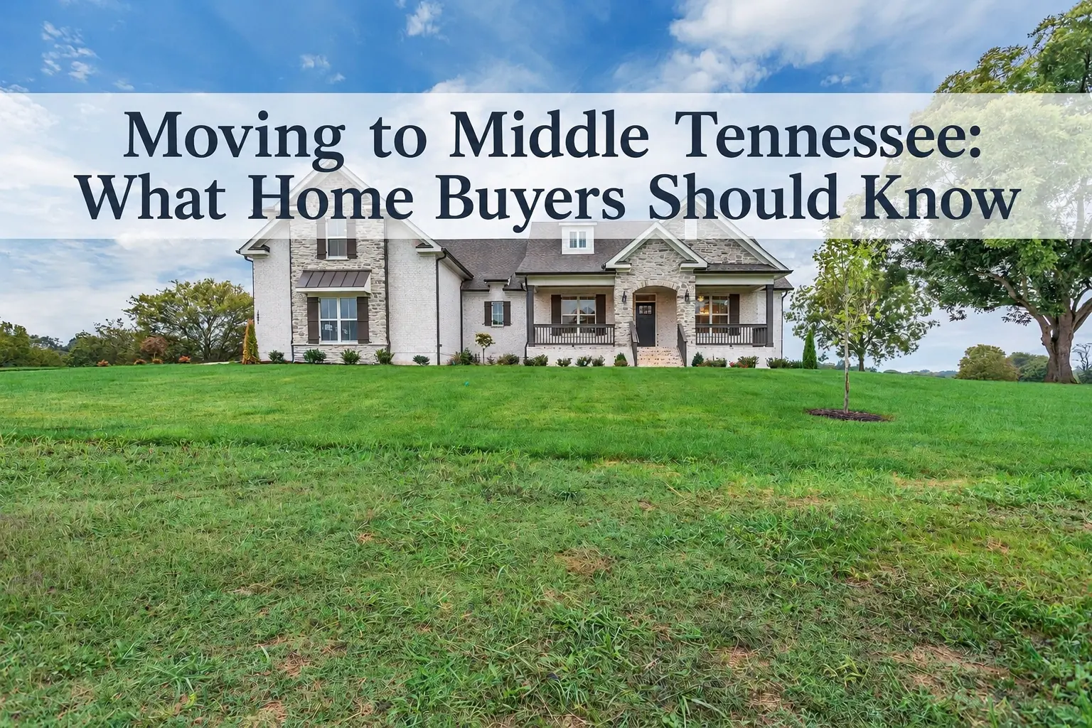 White and stone home on a broad lawn, titled Moving to Middle Tennessee: What Home Buyers Should Know.