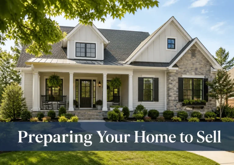 White home with a covered porch and tidy landscaping, titled Preparing Your Home to Sell.