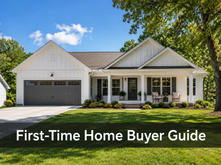 Single-story white home with a front porch and two-car garage, titled First-Time Home Buyer Guide.