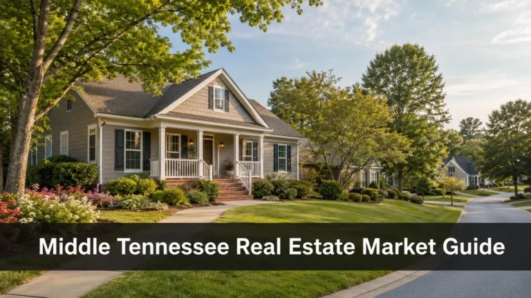 Porch-front home on a landscaped street, titled Middle Tennessee Real Estate Market Guide.
