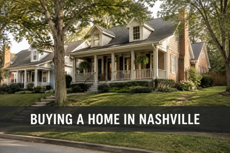 Porch-front homes beneath mature trees, titled Buying a Home in Nashville.