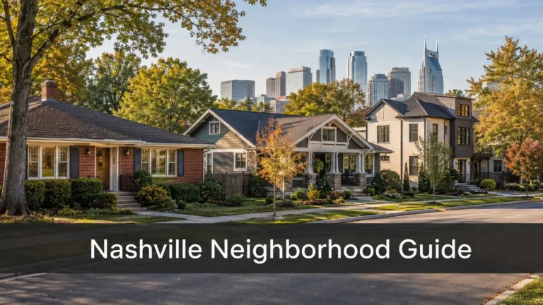 Illustrative montage of a brick ranch, bungalow and newer home beneath a skyline, titled Nashville Neighborhood Guide.