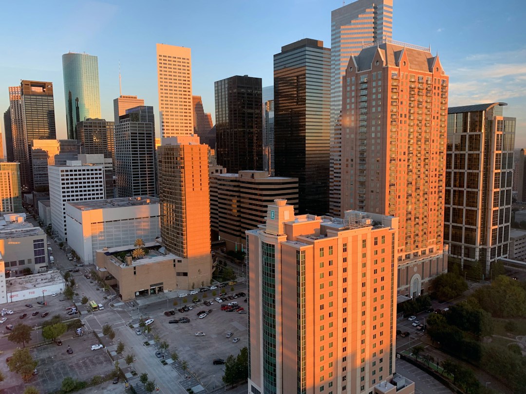 Houston skyscrapers illuminated at sunset