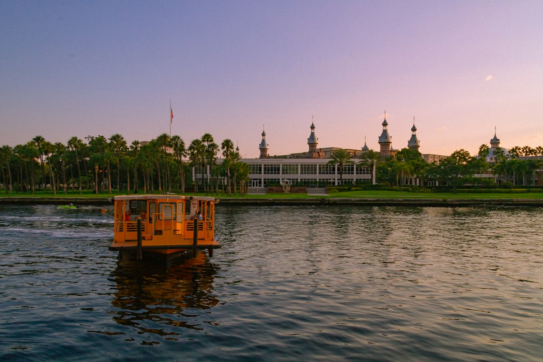 Tampa Riverwalk water taxi and downtown buildings