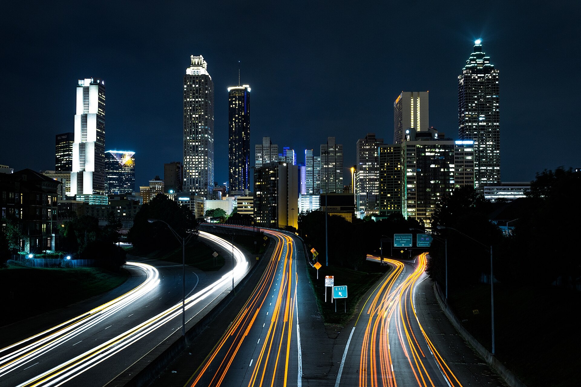 Atlanta skyline viewed from the Jackson Street Bridge after dark
