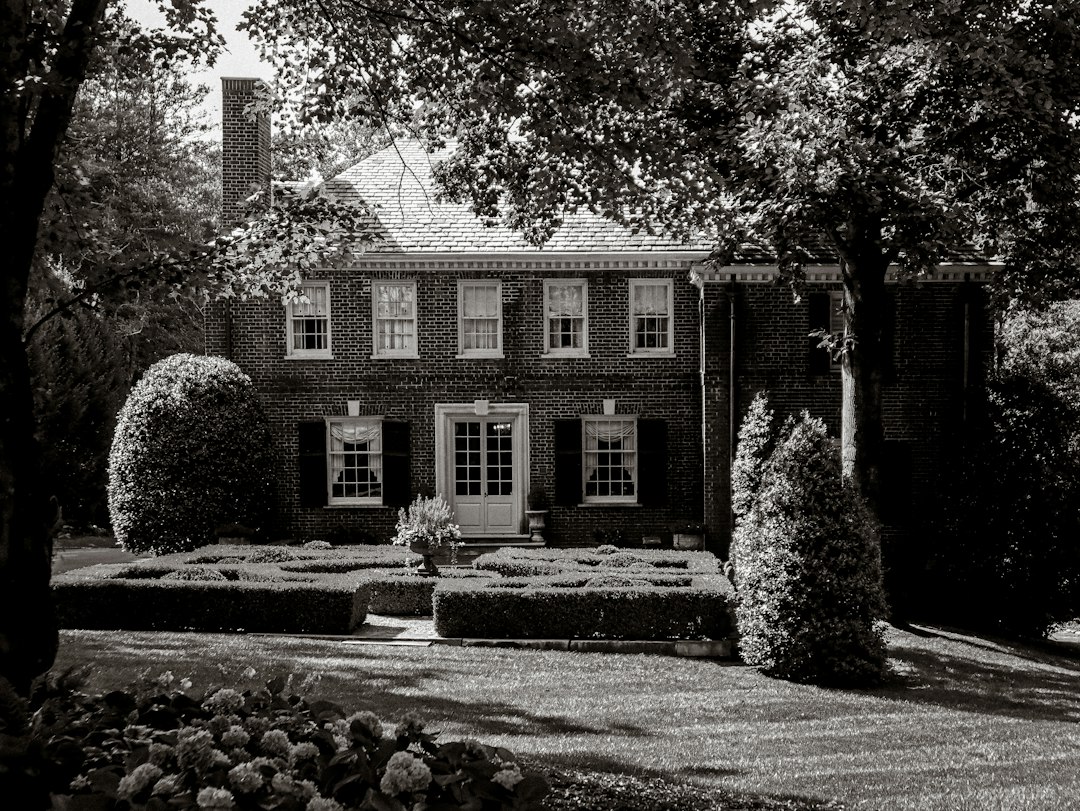 Black-and-white photo of a brick house framed by large trees