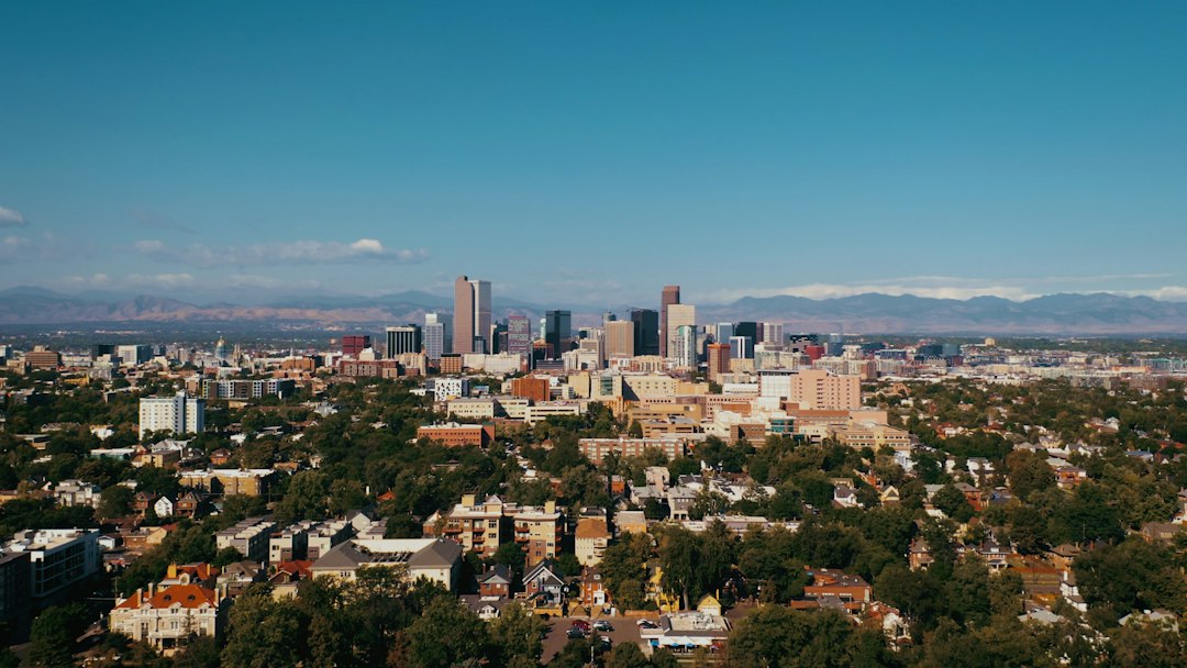 Downtown Denver skyline with distant mountains