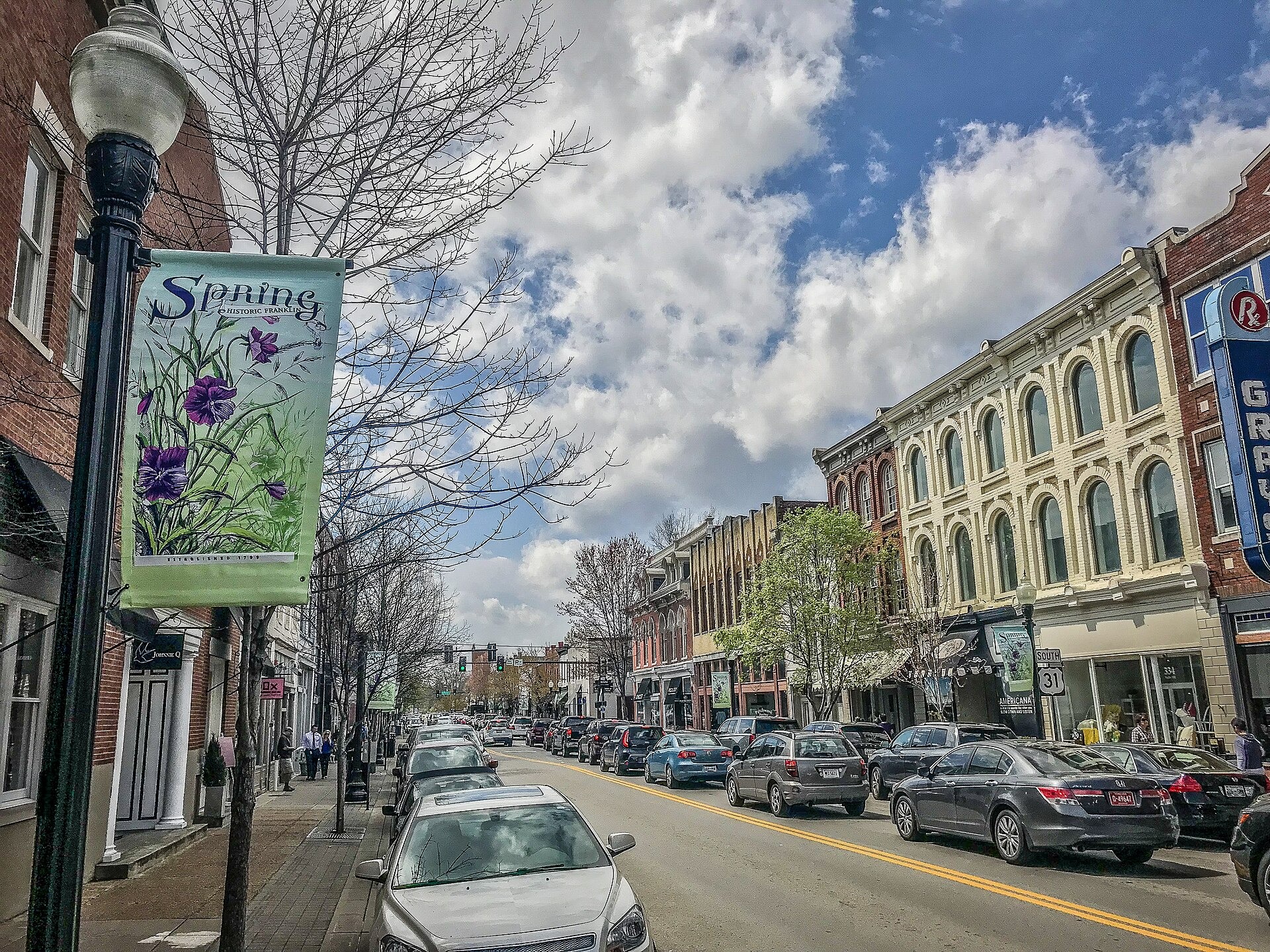 Historic storefronts and streetscape along Main Street in downtown Franklin, Tennessee