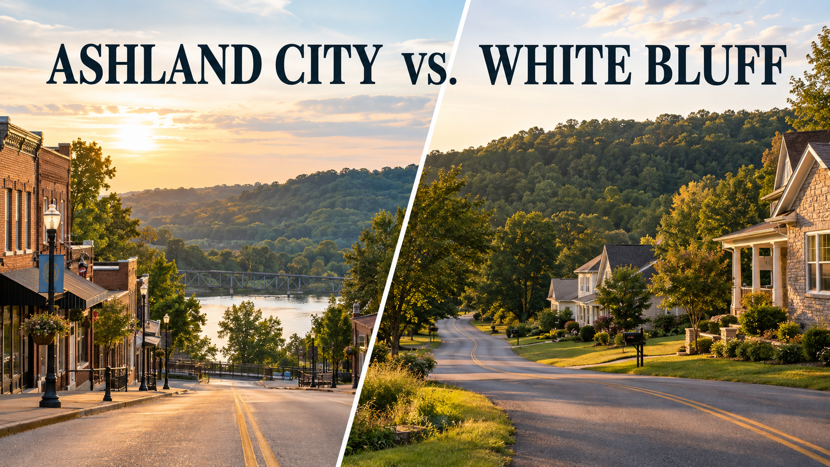 Ashland City versus White Bluff comparison guide graphic with two Middle Tennessee homes