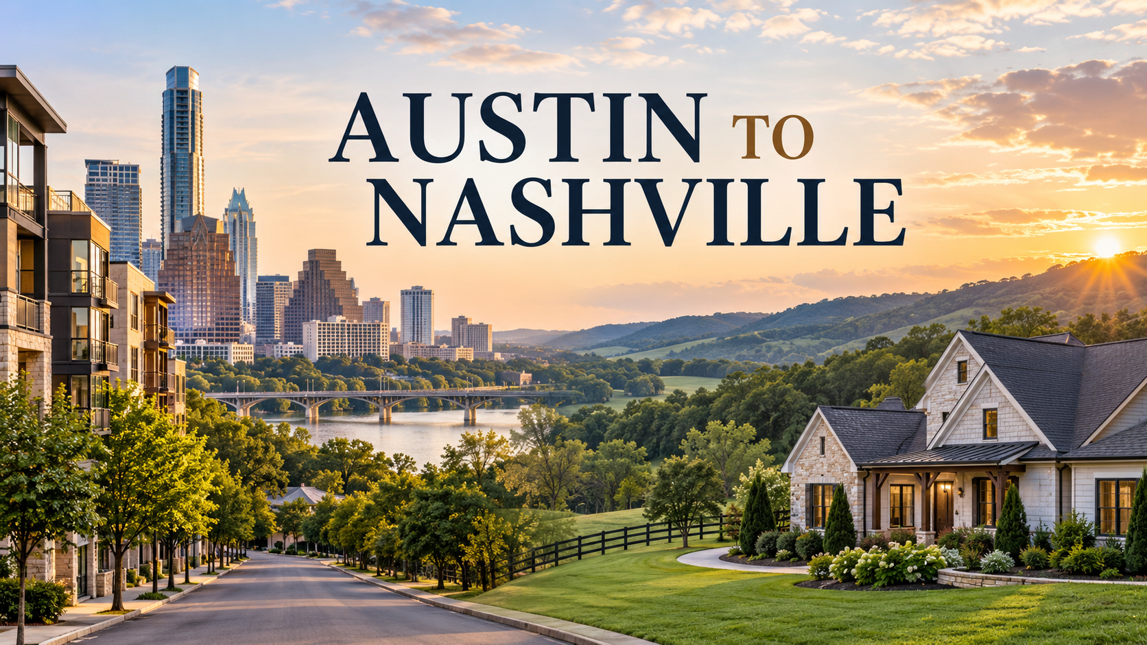 Austin to Nashville relocation guide graphic with the Austin skyline and a Middle Tennessee home