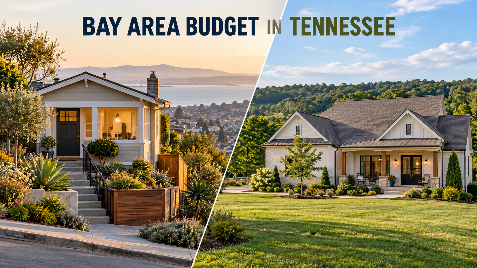 Illustrated San Francisco Bay Area home budget comparison with Tennessee house and yard