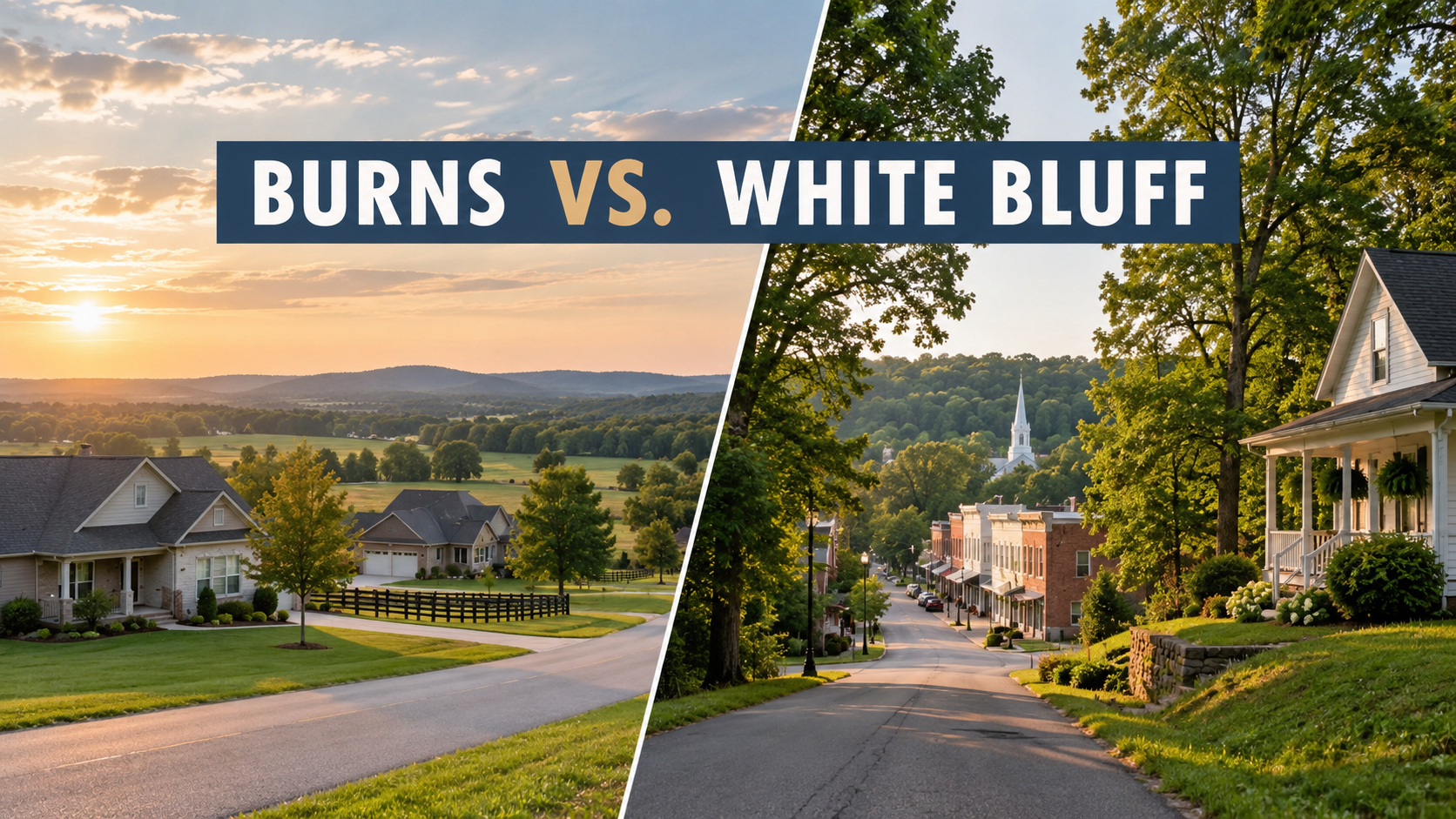 Burns versus White Bluff comparison guide graphic with two Middle Tennessee homes