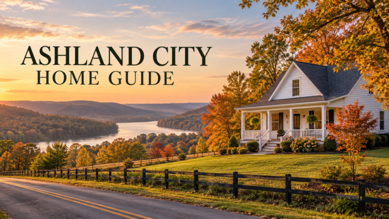 Ashland City home guide illustration with a house, hills and a winding road