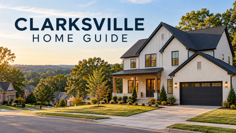 Clarksville home guide illustration with a house and wooded neighborhood