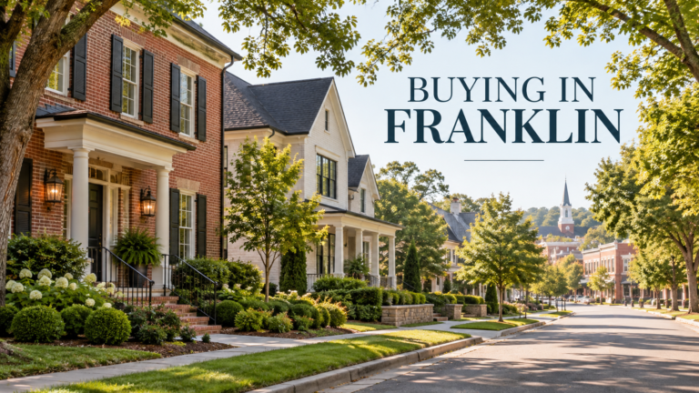 Illustrated buying a home in Franklin guide with houses on a tree-lined street
