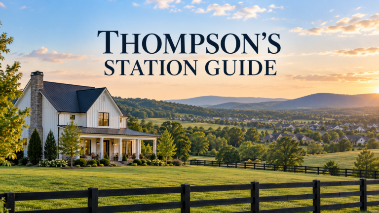 Thompson's Station home guide illustration with a house and rolling hills