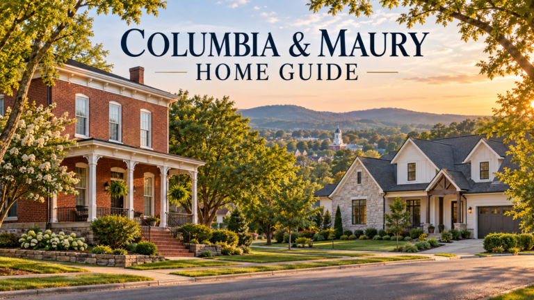 Illustrated Columbia and Maury County home guide with brick and newer houses among trees
