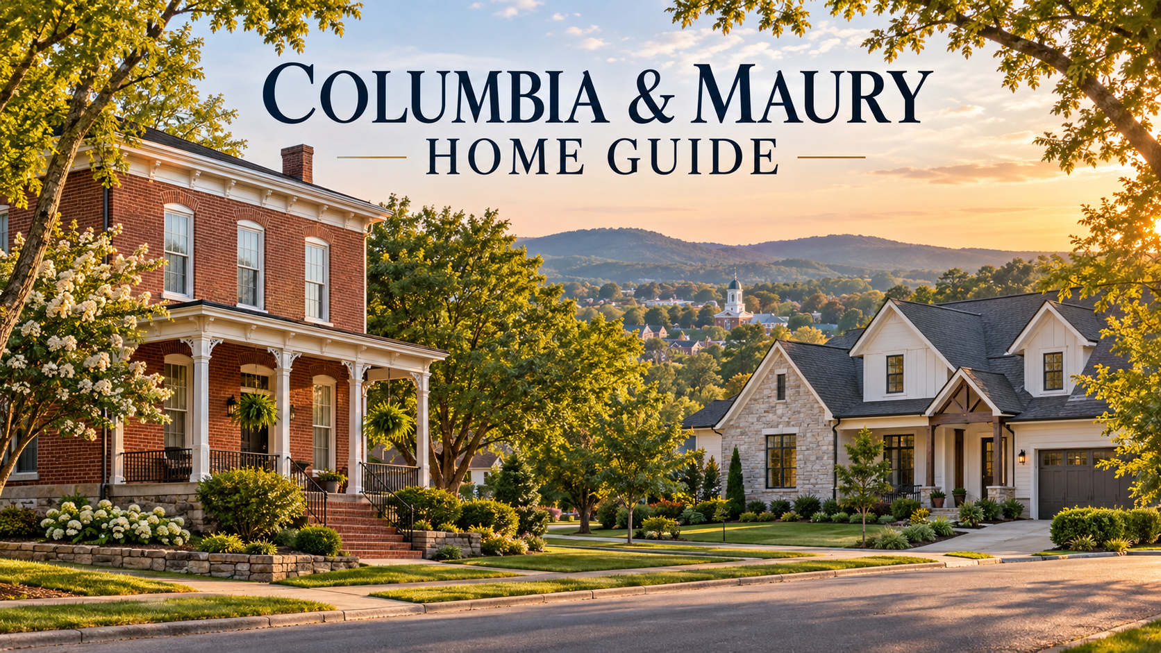 Illustrated Columbia and Maury County home guide with brick and newer houses among trees