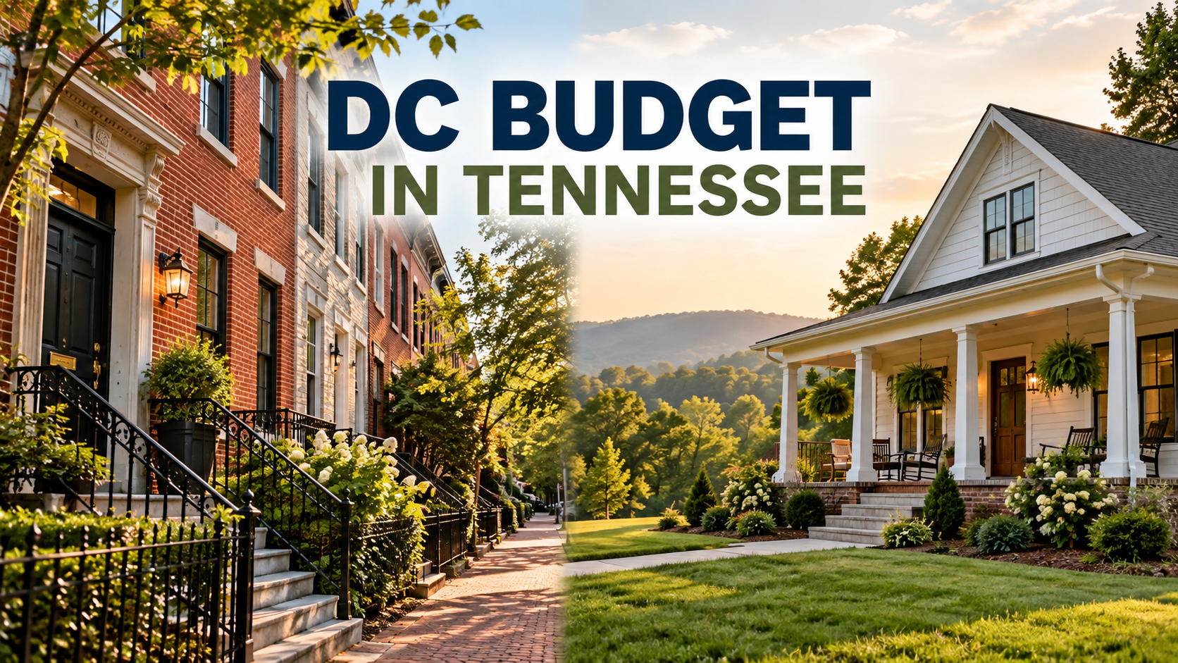 Illustrated comparison of a Washington DC home budget in Nashville, showing brick rowhouses and a Tennessee porch home