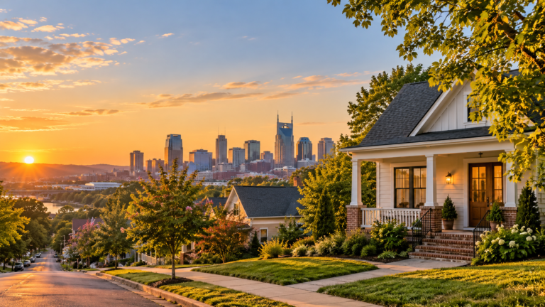 Illustrative Nashville house and skyline for a Houston home-budget comparison