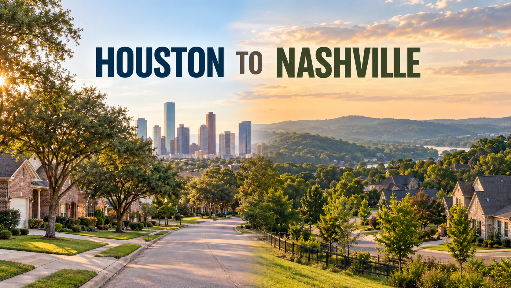 Houston to Nashville relocation guide graphic with the Houston skyline and a Middle Tennessee home
