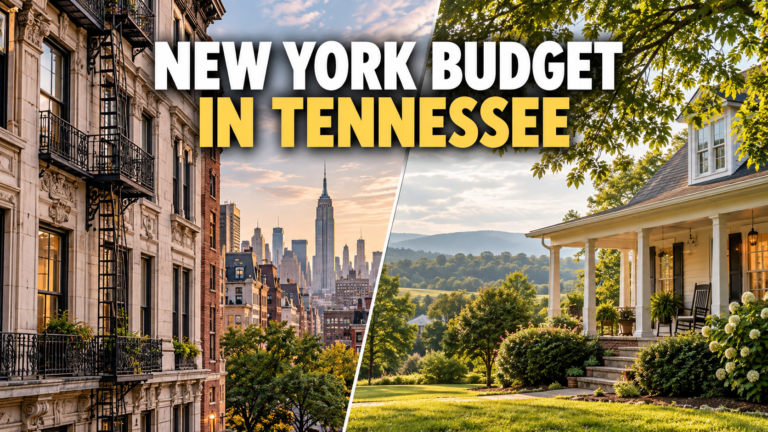 Illustrated New York home budget comparison with a Tennessee porch home