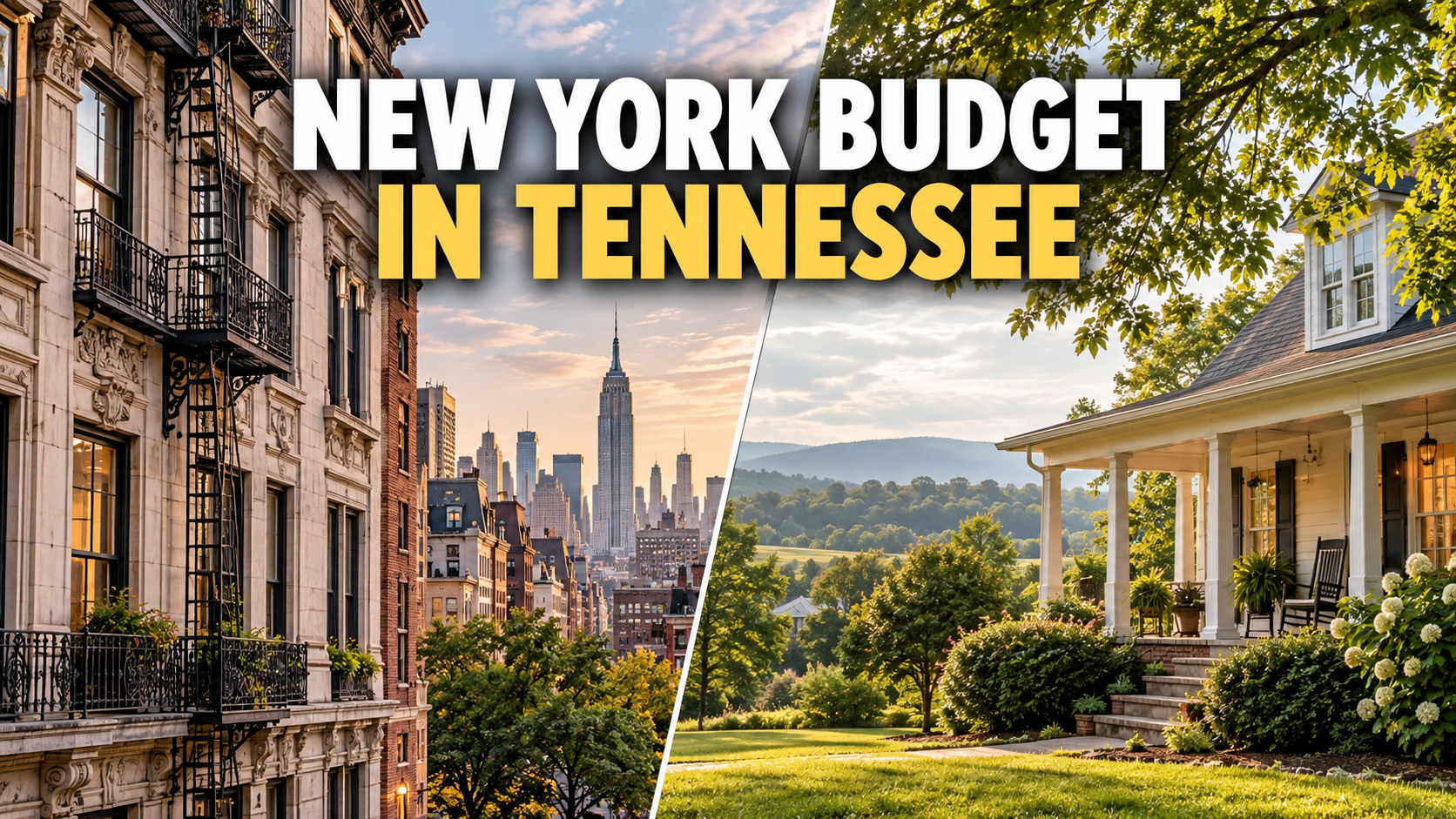 Illustrated New York home budget comparison with a Tennessee porch home