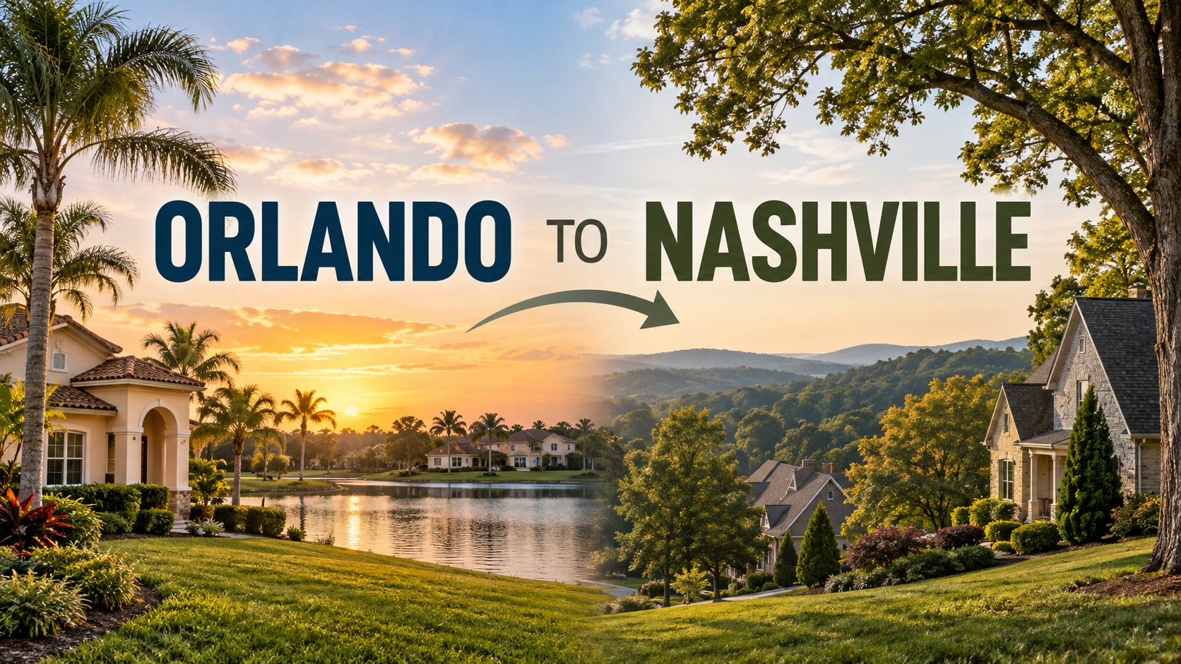 Orlando to Nashville relocation guide graphic with the Orlando skyline and a Middle Tennessee home
