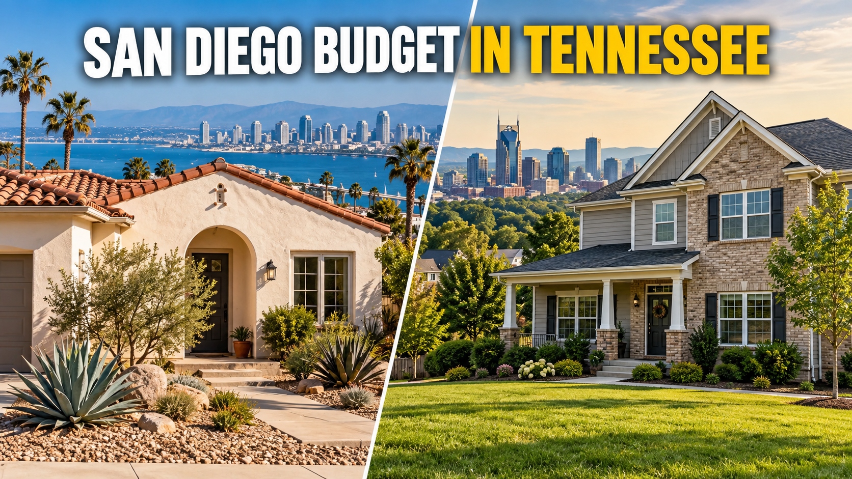 Illustrated San Diego home budget comparison with a Tennessee house