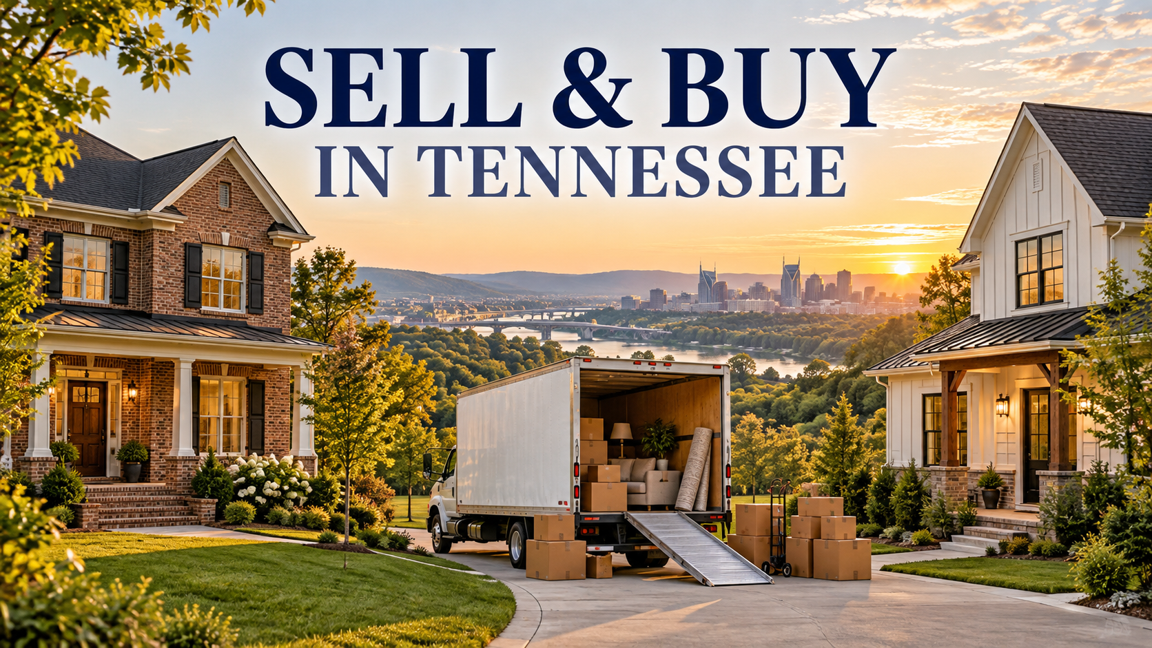 Illustrated selling one home and buying another in Middle Tennessee with a moving truck