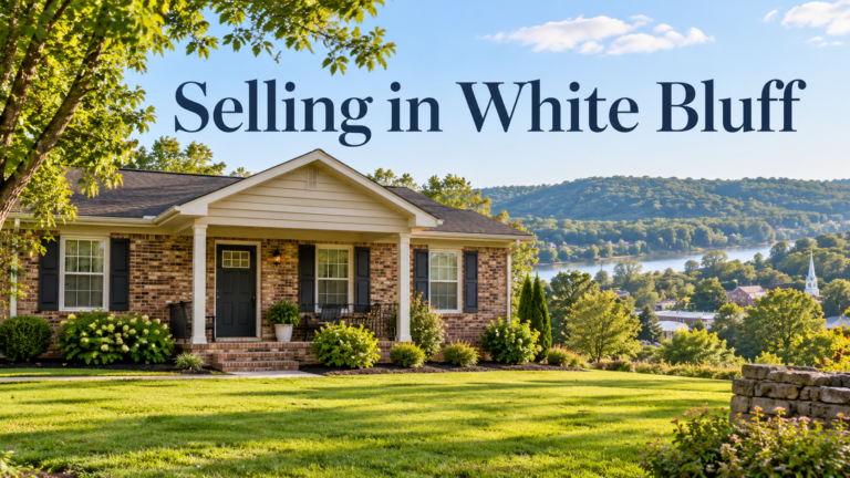 Illustrative brick house and lawn for a White Bluff seller guide